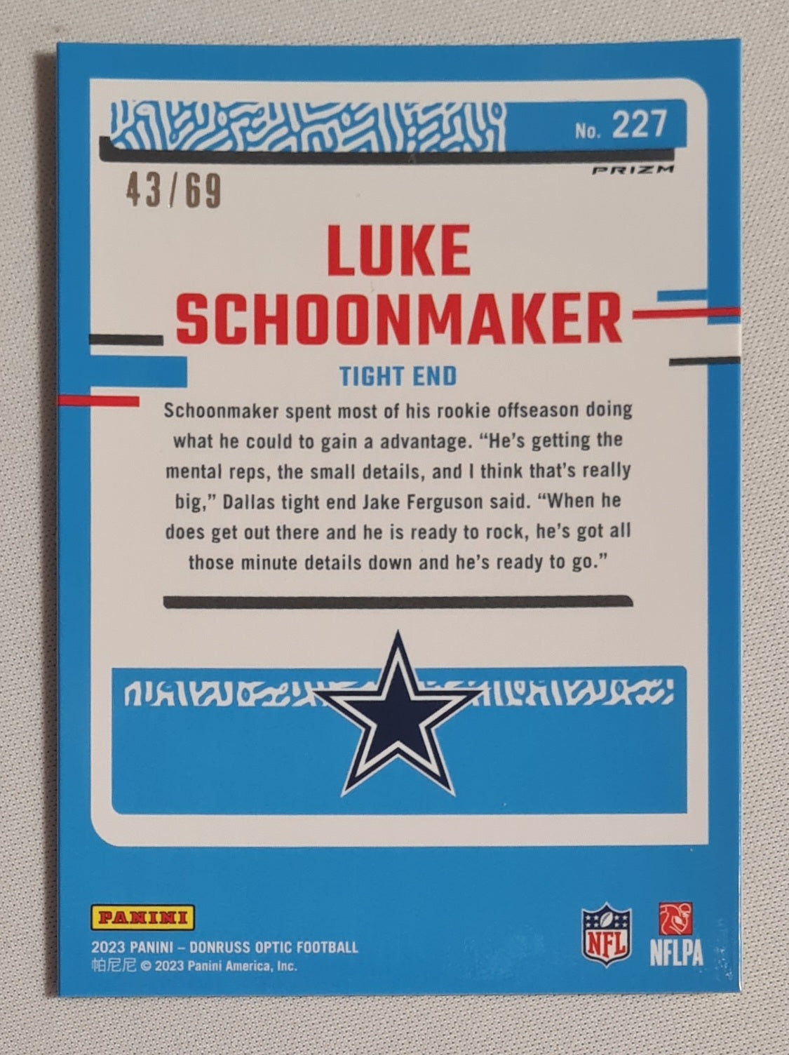 Luke Schoonmaker - 2023 Panini Donruss Optics Football NFL Dallas Cowboys Rated Rookie #227 Yellow Prizm /69