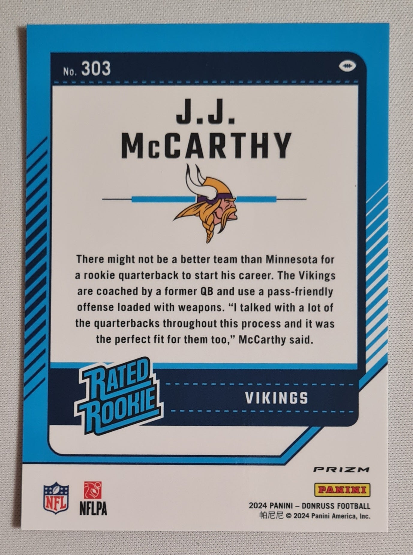 J.J. McCarthy - 2024 Panini Donruss Football NFL Minnesota Vikings Rated Rookie #303 Optic Preview Red Wave