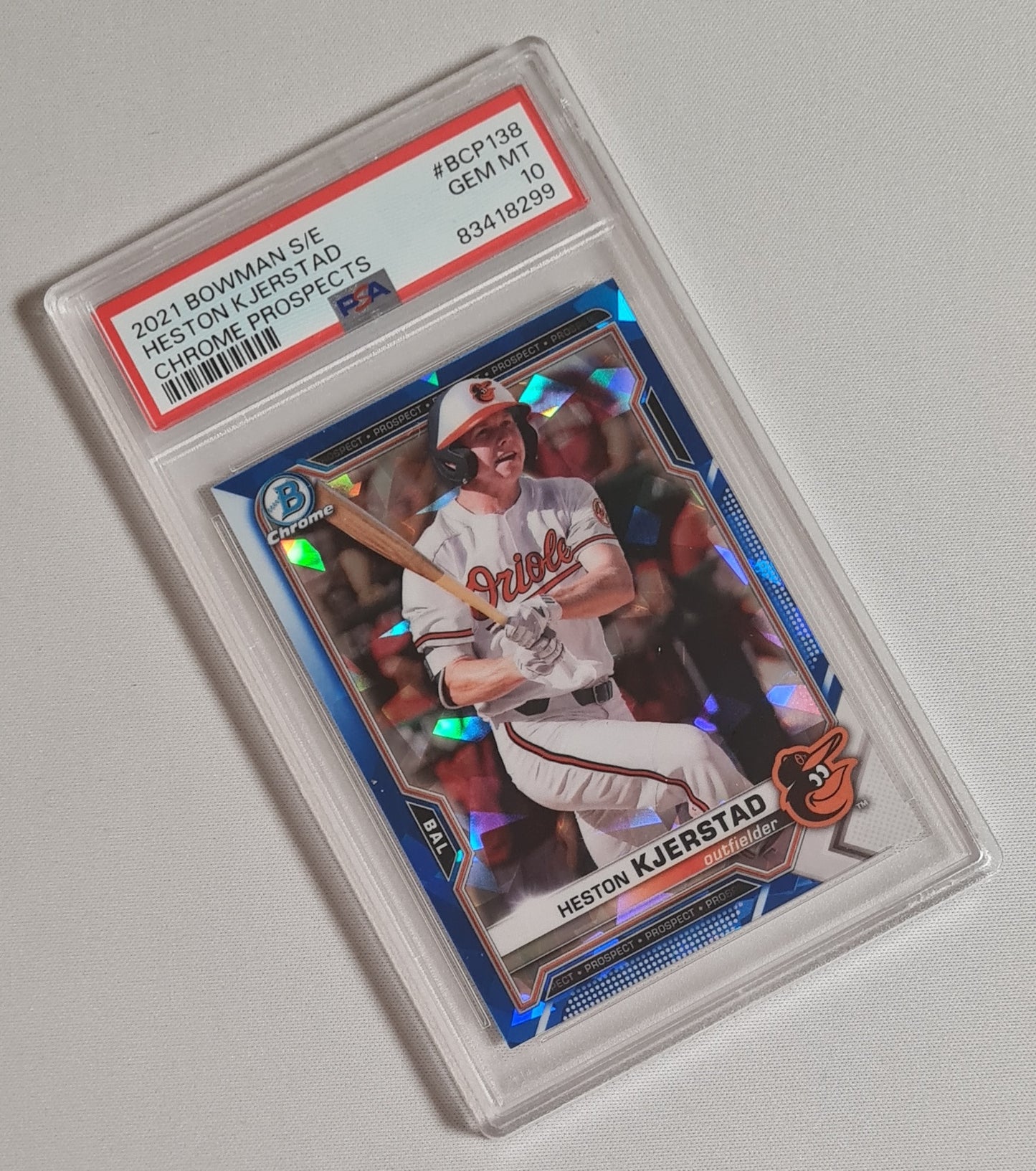 Heston Kjerstad - 2021 Topps Chrome Bowman MLB Baseball Baltimore Orioles #BCP-138 - Chrome Prospects/ Blue Cracked Ice PSA 10 GEM MT