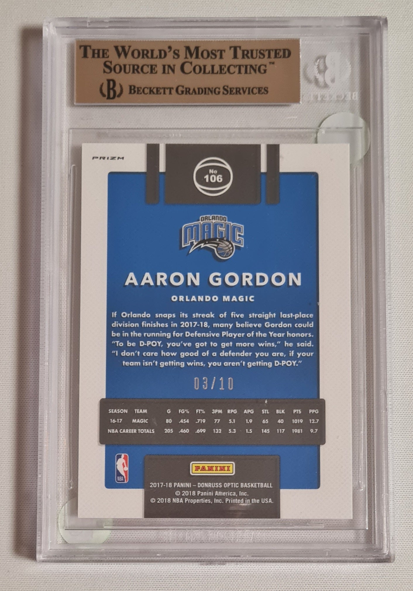 Aaron Gordon - 2017/18 Panini Donruss Optic Basketball NBA Orlando Magic #106 Gold /10 Beckett 9.5 GEM MINT