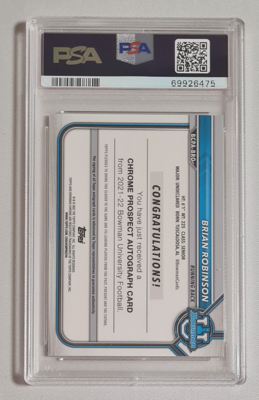 Brian Robinson - 2021 Topps 1st Bowman University #BCPA-BRO Yellow Refractor /75 Autograph PSA 10 GEM MT
