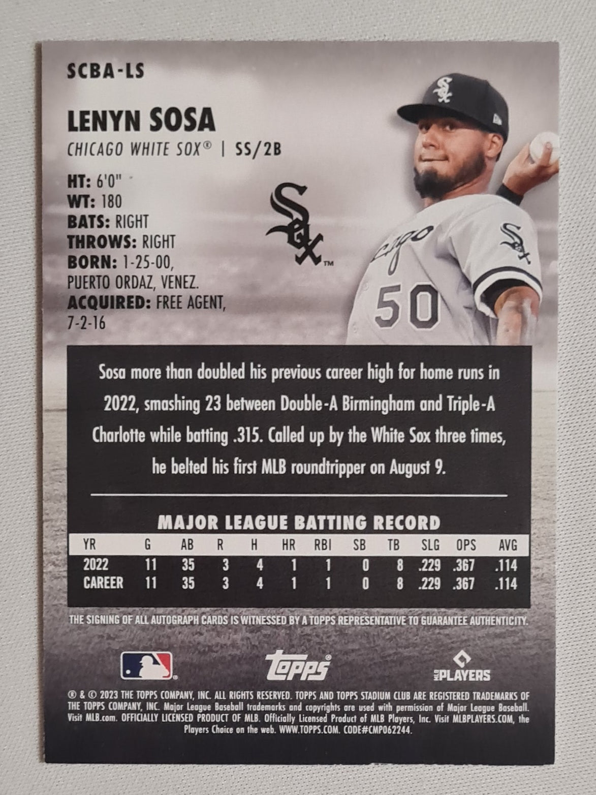 Lenyn Sosa - 2023 Topps Certified Autograph issue Basketball MLB Chicago White Sox (RC) #SCBA-LS /Autograph