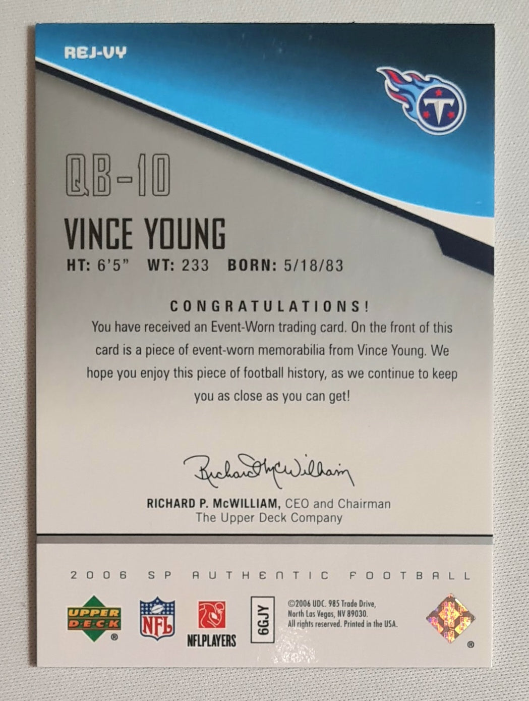 Vince Young - 2006 Upper Deck Football NFL Tennessee Titans  #REJ-VY - SP Authentic /Patch /150