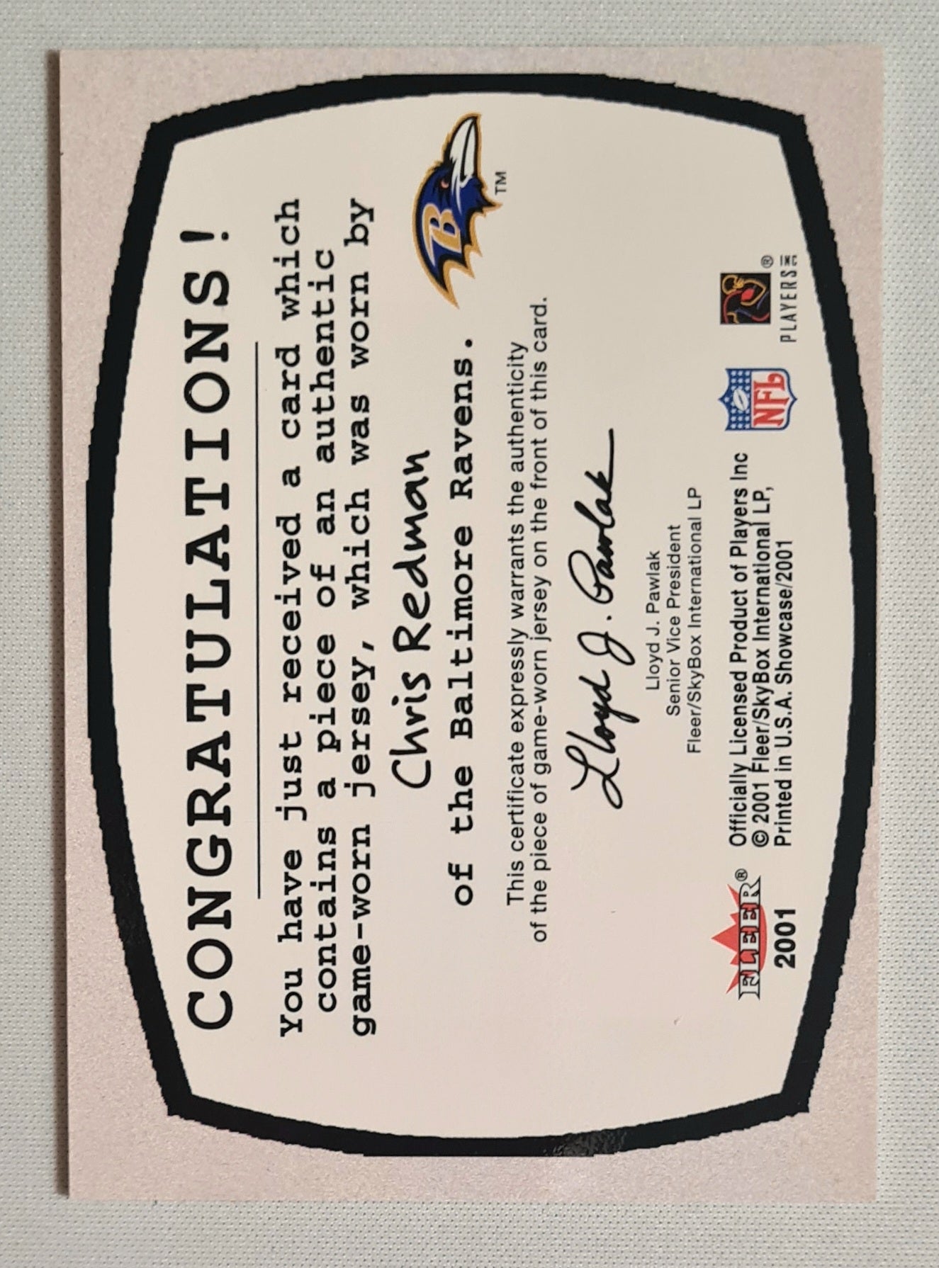 Chris Redman - 2001 Fleer Football Baltimore Ravens Patchwork /Patch (Authentic NFL Game-worn Jersey)