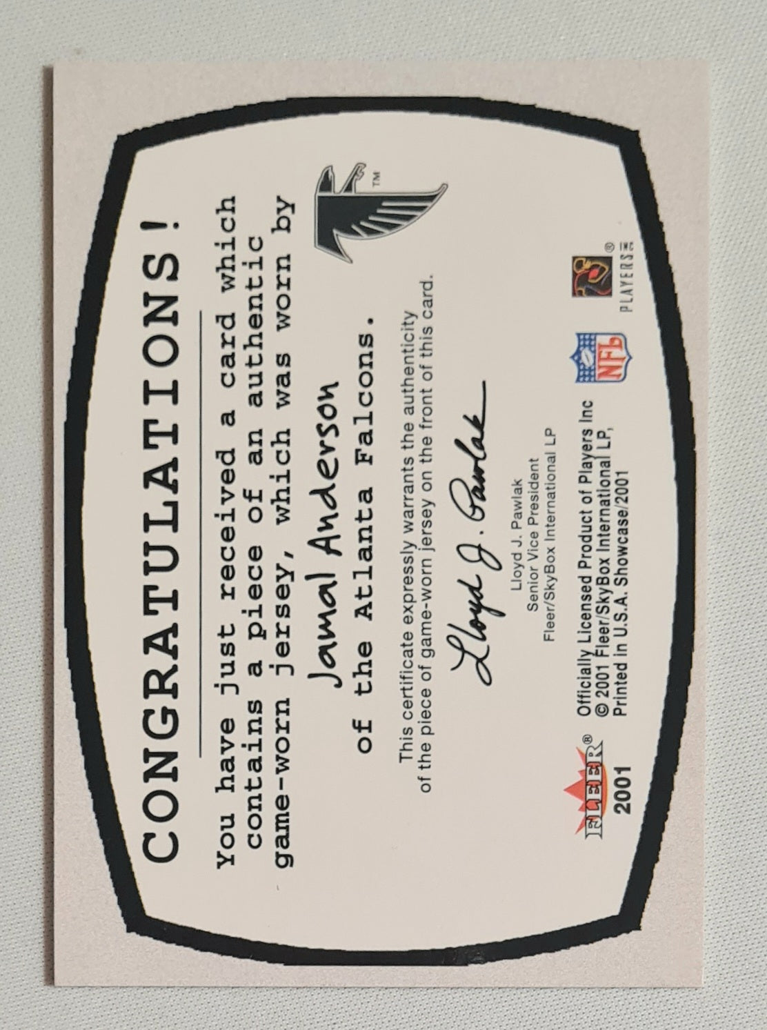 Jamal Anderson - 2001 Fleer Football Atlanta Falcons Patchwork /Patch (Authentic NFL Game-worn Jersey)