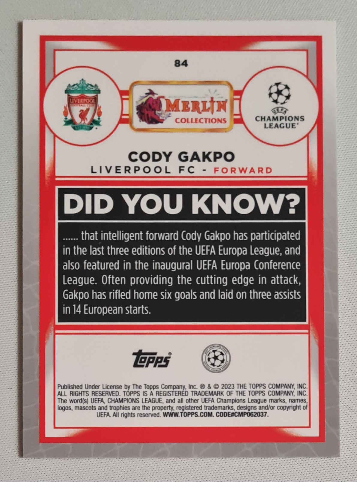 Cody Gakpo - 2023 Topps Merlin Collection Liverpool FC #84 Rose Gold Shimmer /299
