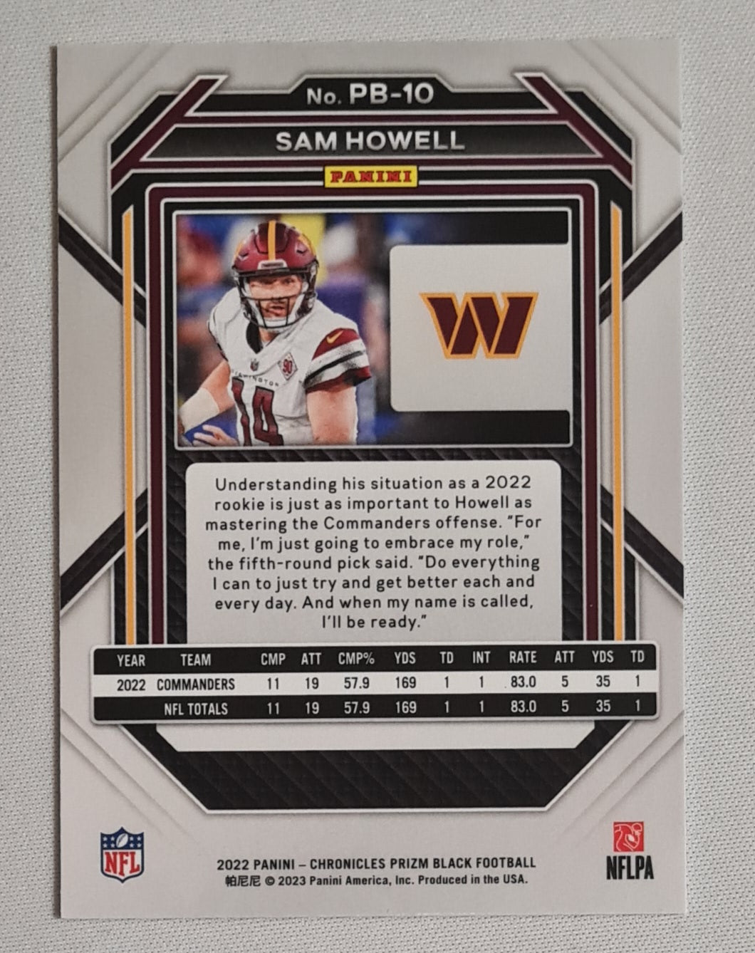Sam Howell - 2022 Panini Chronicles Prizm Black Football NFL Washington Commanders (RC) #PB-10 Black Prizm