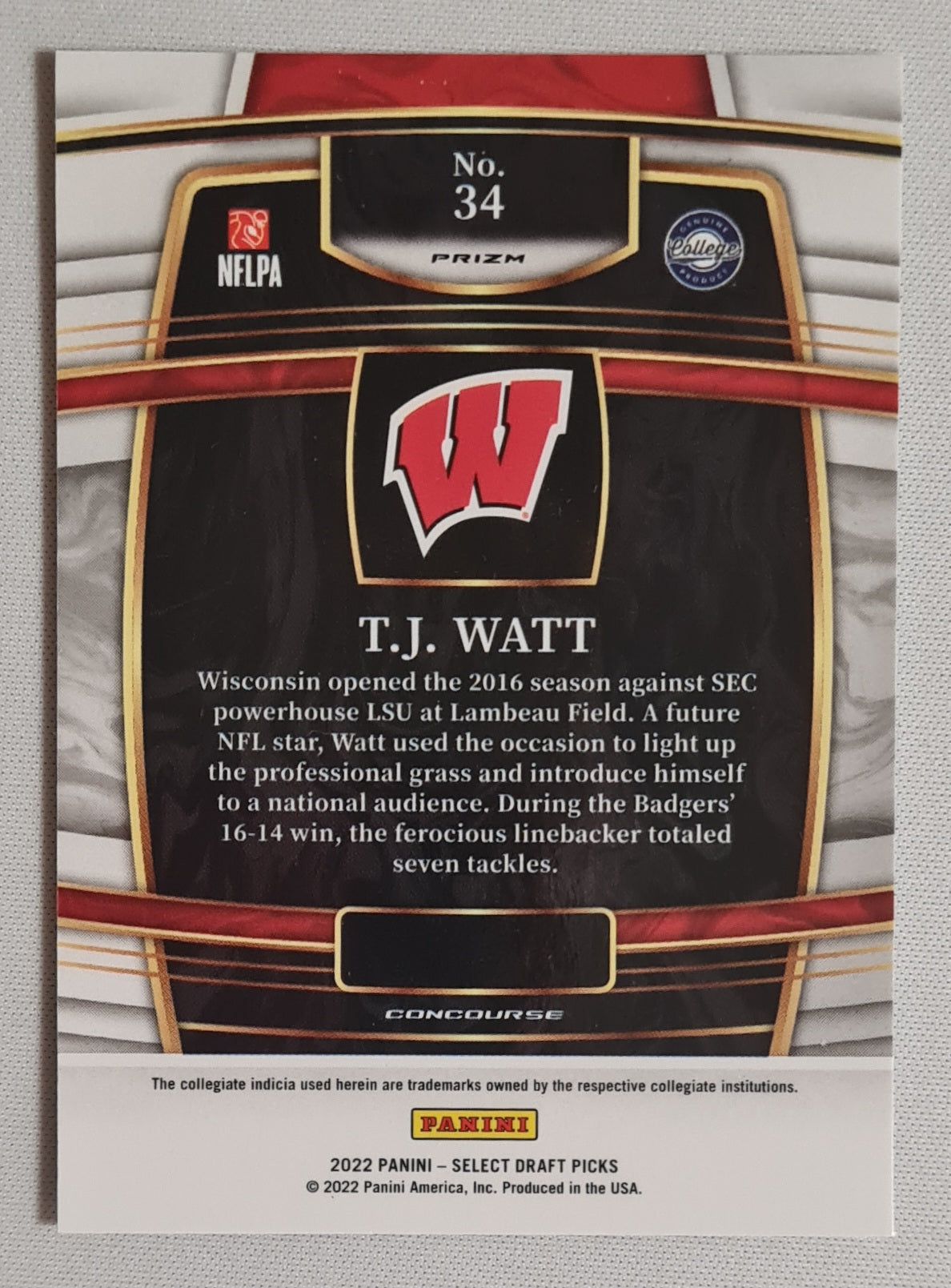 T.J. Watt - 2022 Panini Select Prizm Draft Picks College Wisconsin #34 Concourse Refractor