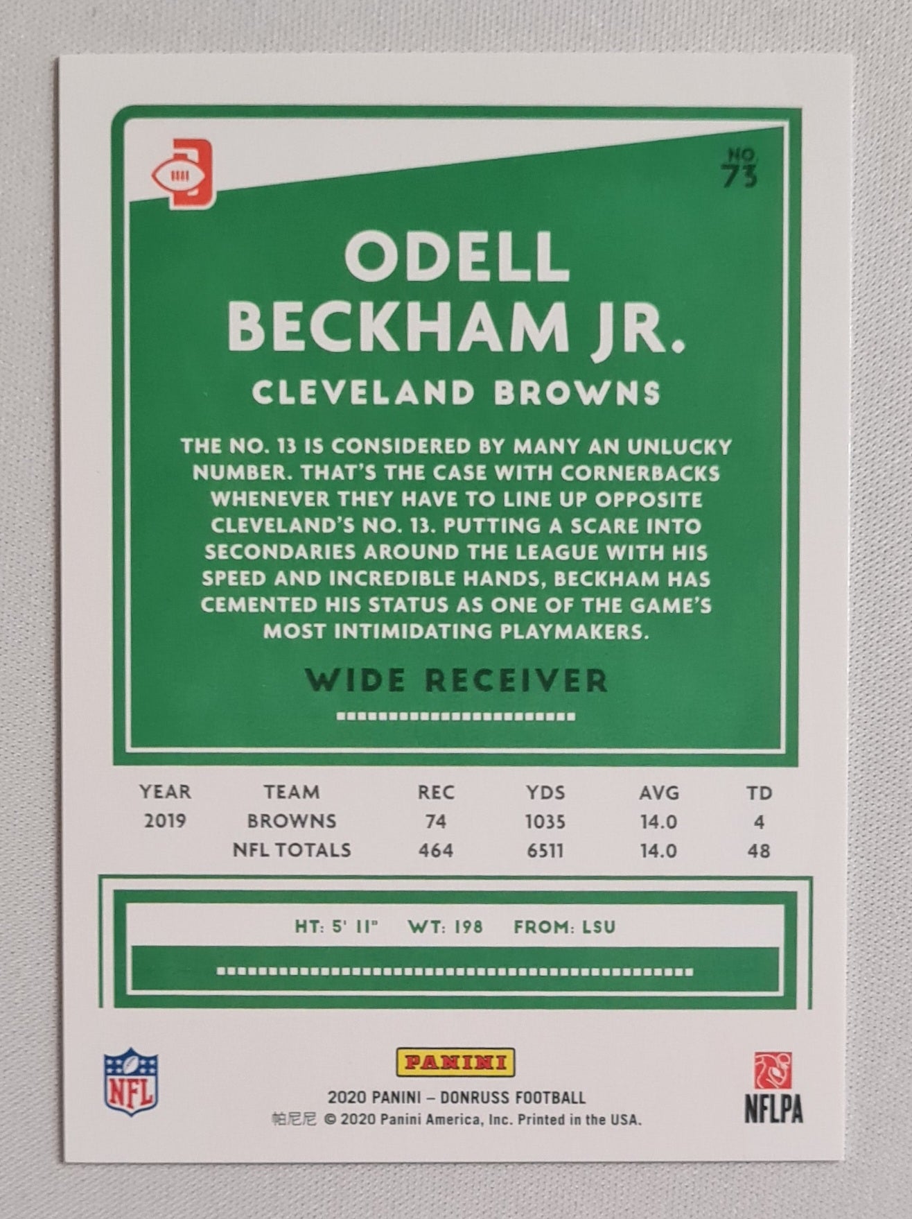 Odell Beckham Jr. - 2020 Panini Donruss Football NFL Cleveland Browns #73 Purple Photo Variation /500