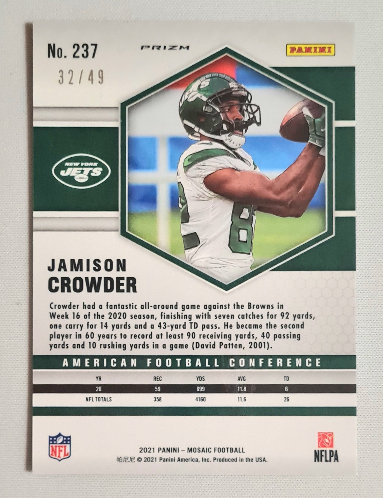 Jamison Crowder - 2021 Panini Mosaic Football NFL NY Jets #237 Camo Pink Prizm /49