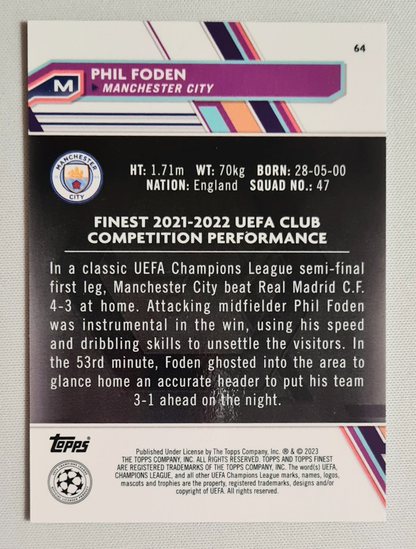 Phil Foden - 2023 Topps Finest Manchester City (CL) #64 Purple /299