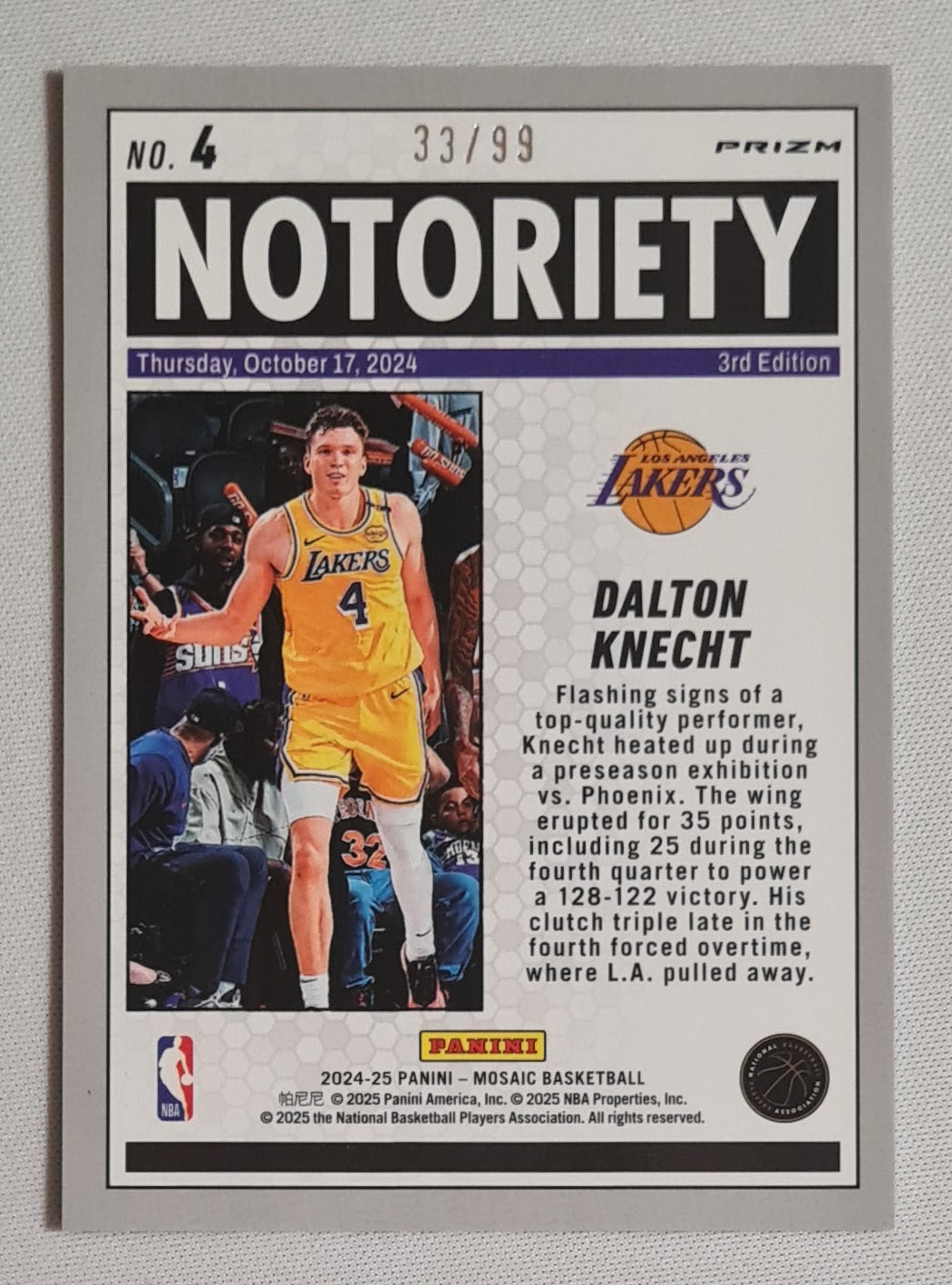 Dalton Knecht - 2024/25 Panini Mosaic Basketball NBA L.A. Lakers Notoriety #4 Purple Prizm /99