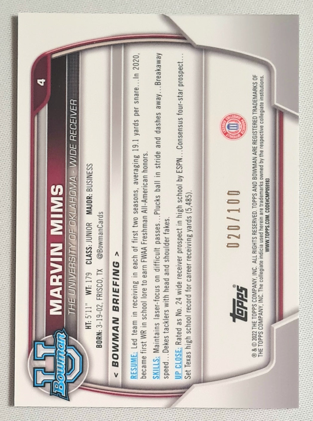 Marvin Mims - 2022  Topps U Bowman The University of Oklahoma Sooners #4 Lava Refractor /100