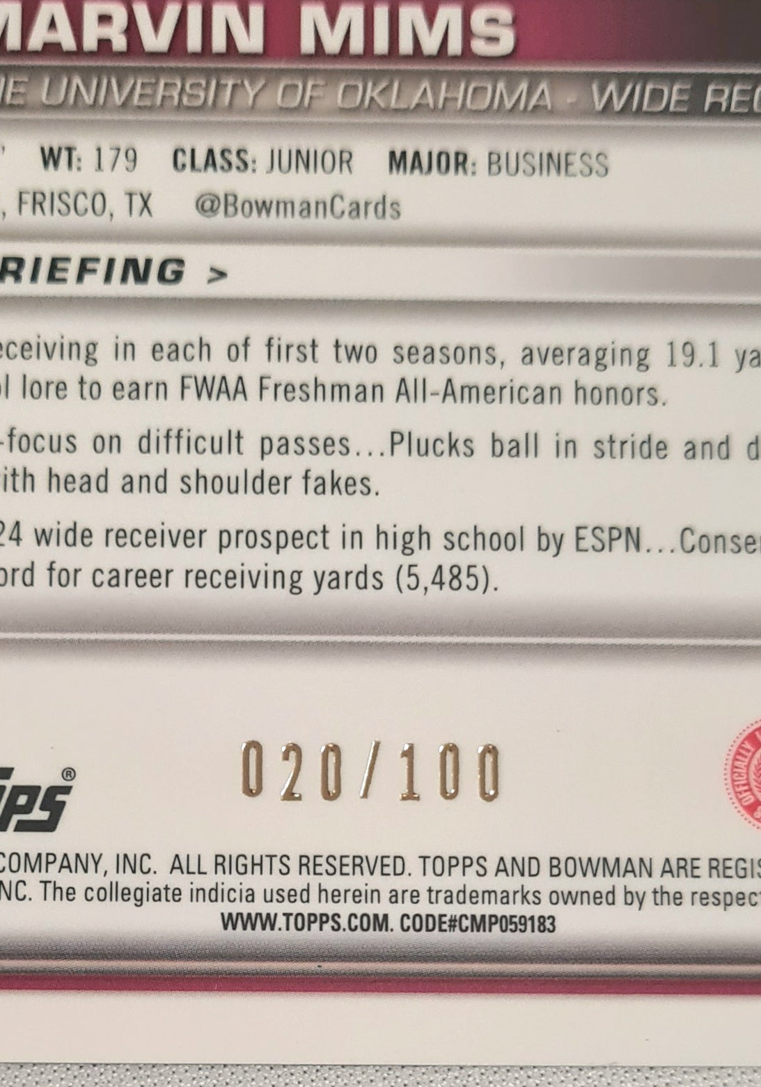 Marvin Mims - 2022  Topps U Bowman The University of Oklahoma Sooners #4 Lava Refractor /100