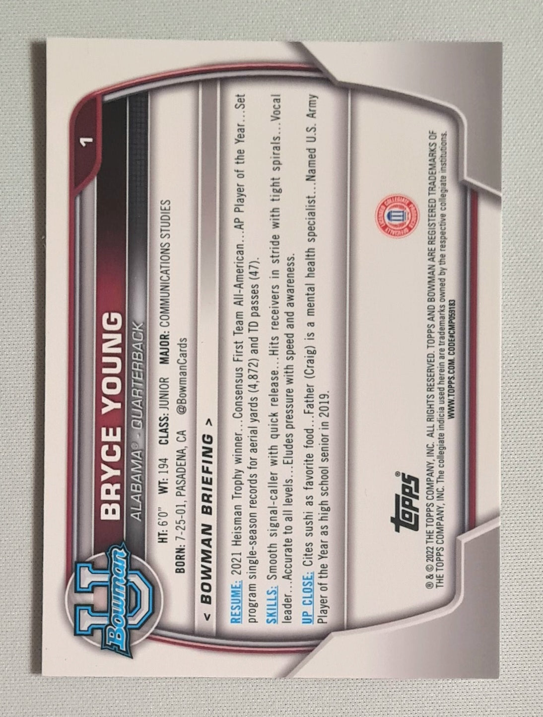 Bryce Young - 2022  Topps U Bowman University of Alabama #1