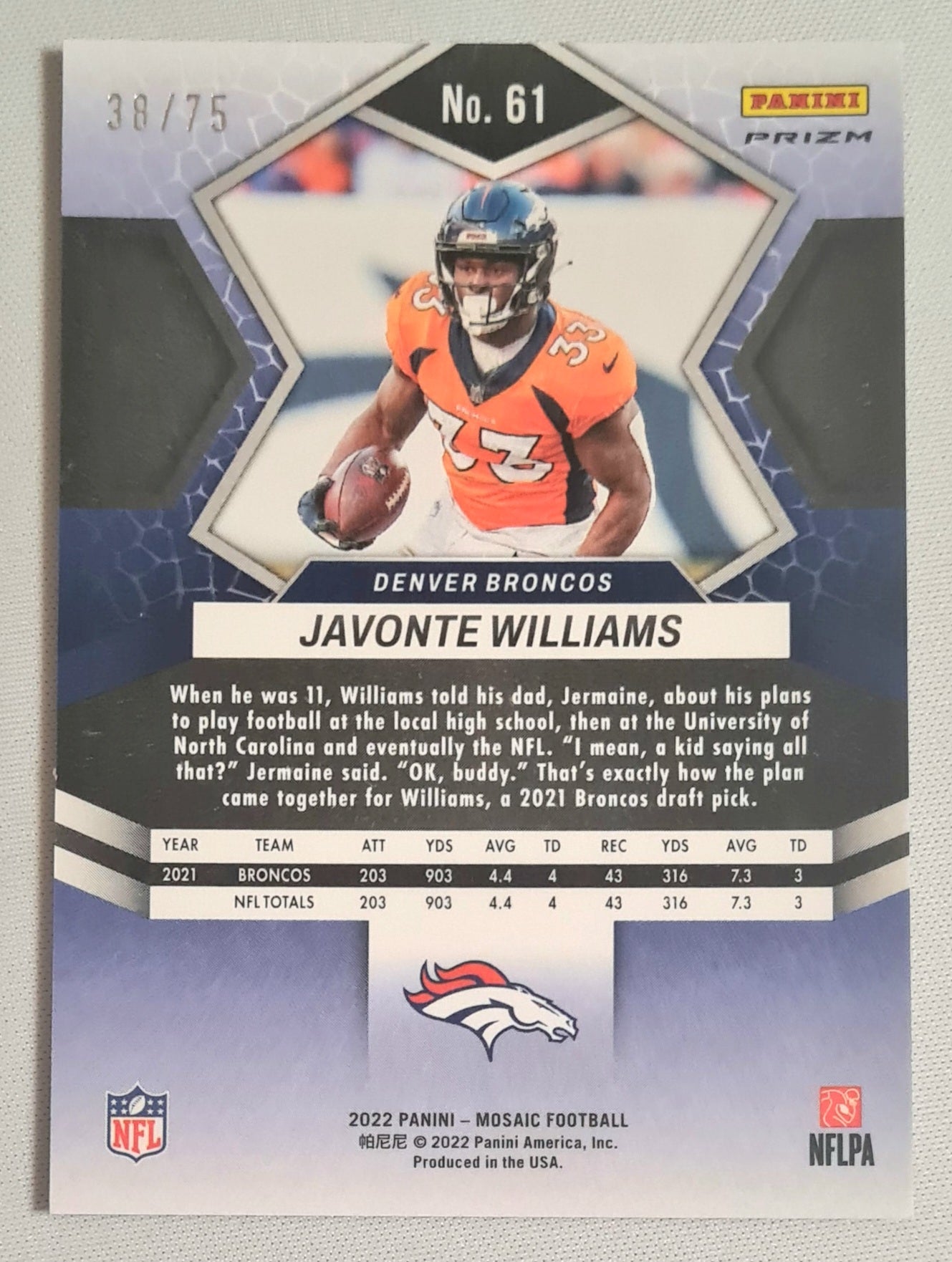 Javonte Williams - 2022 Panini Mosaic Football NFL Denver Broncos #61 Blue Disco Prizm /75