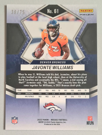 Javonte Williams - 2022 Panini Mosaic Football NFL Denver Broncos #61 Blue Disco Prizm /75