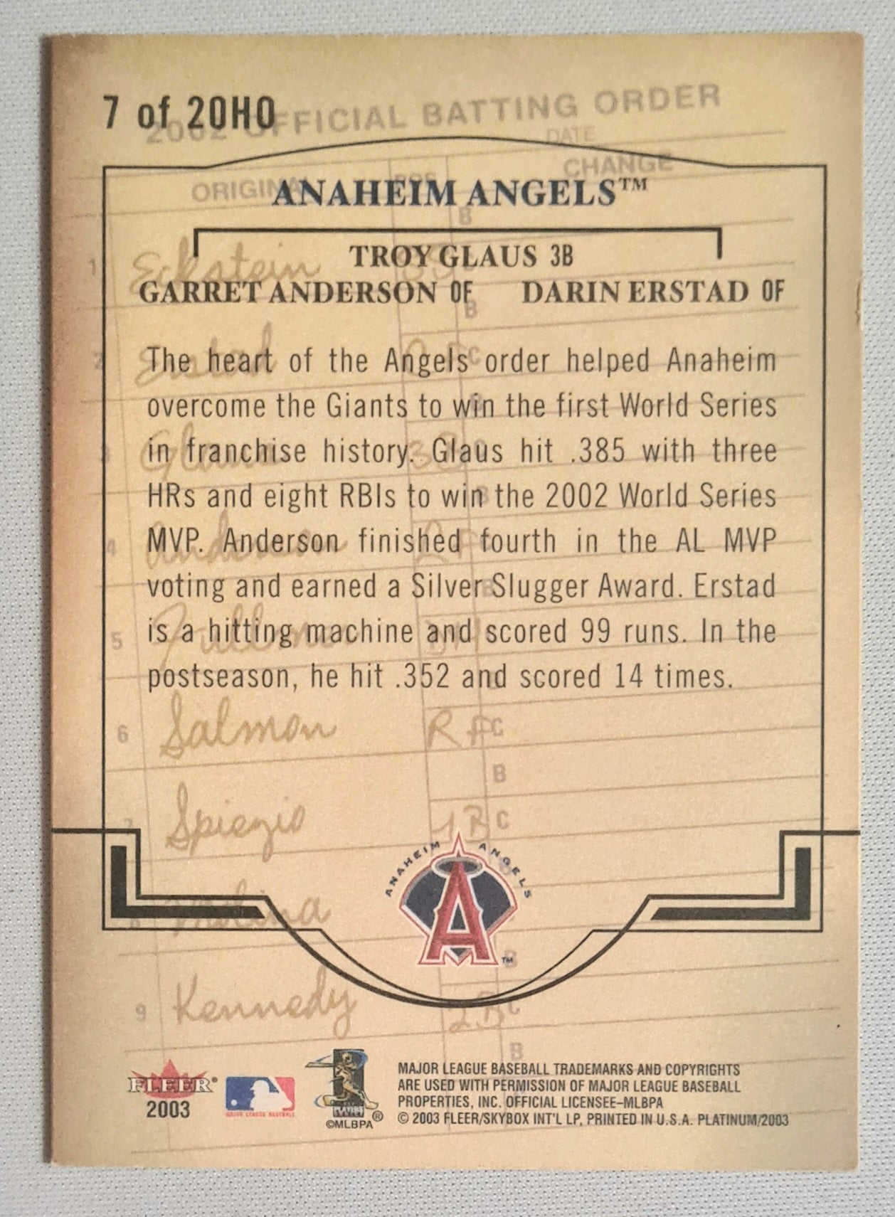 Troy Glaus, Garret Anderson, Darin Erstad - 2003 Fleer Baseball MLB Anaheim Angels #7 of 20H0