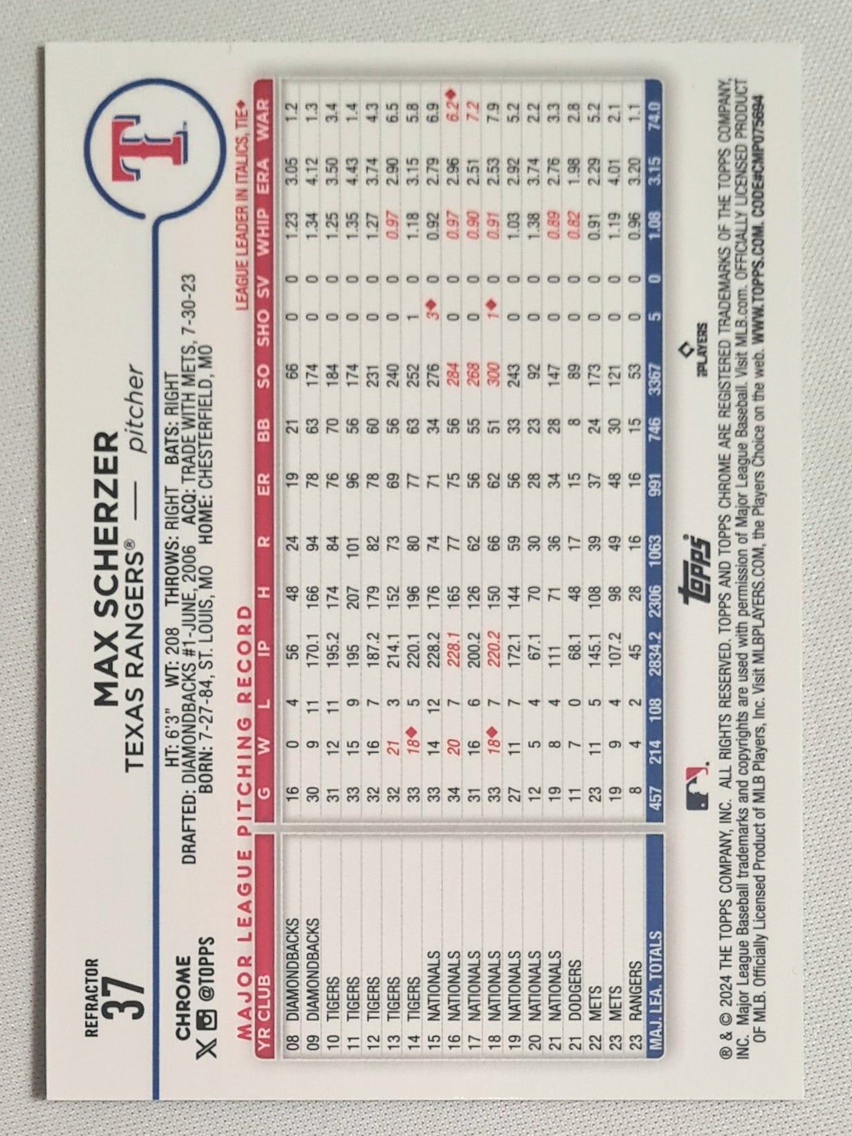 Max Scherzer - 2024 Topps Chrome Baseball MLB Texas Rangers #37 Refractor