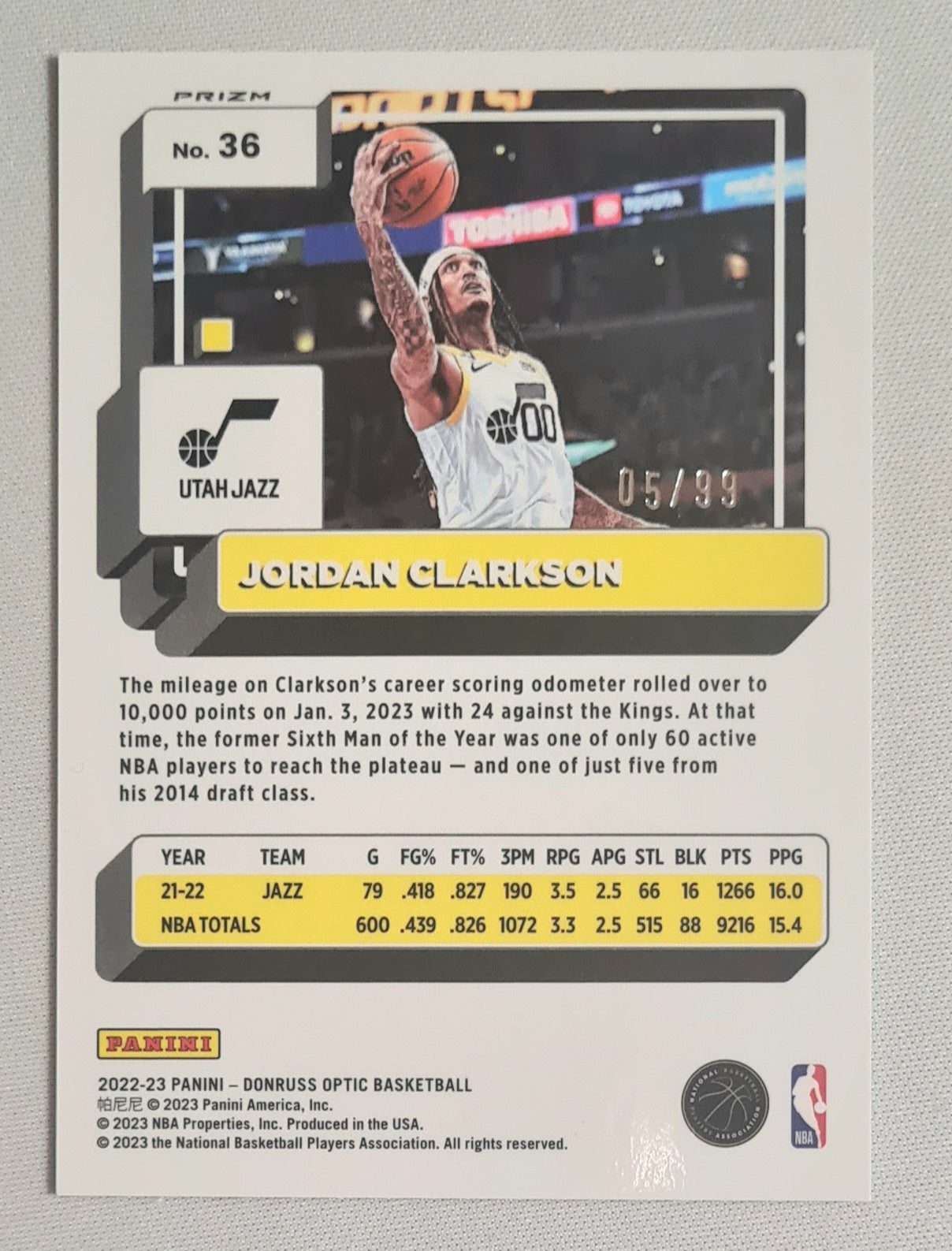 Jordan Clarkson - 2022/23 Panini Donruss Optic Basketball NBA Basketball Utah Jazz #36 Fast Break Purple Disco Prizm /99
