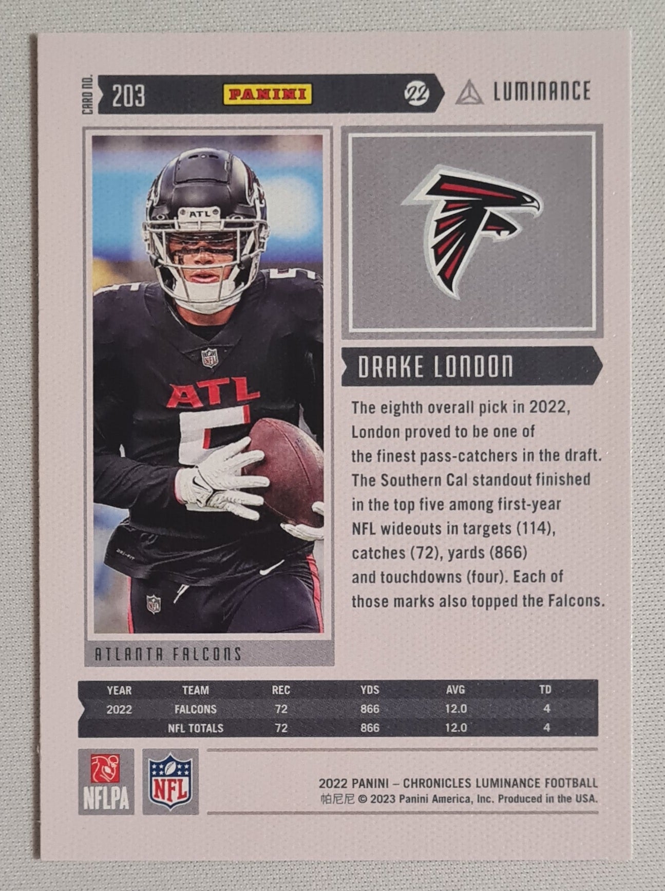 Drake London - 2022 Panini Chronicles  Luminance Football NFL Atlanta Falcons (RC) #203