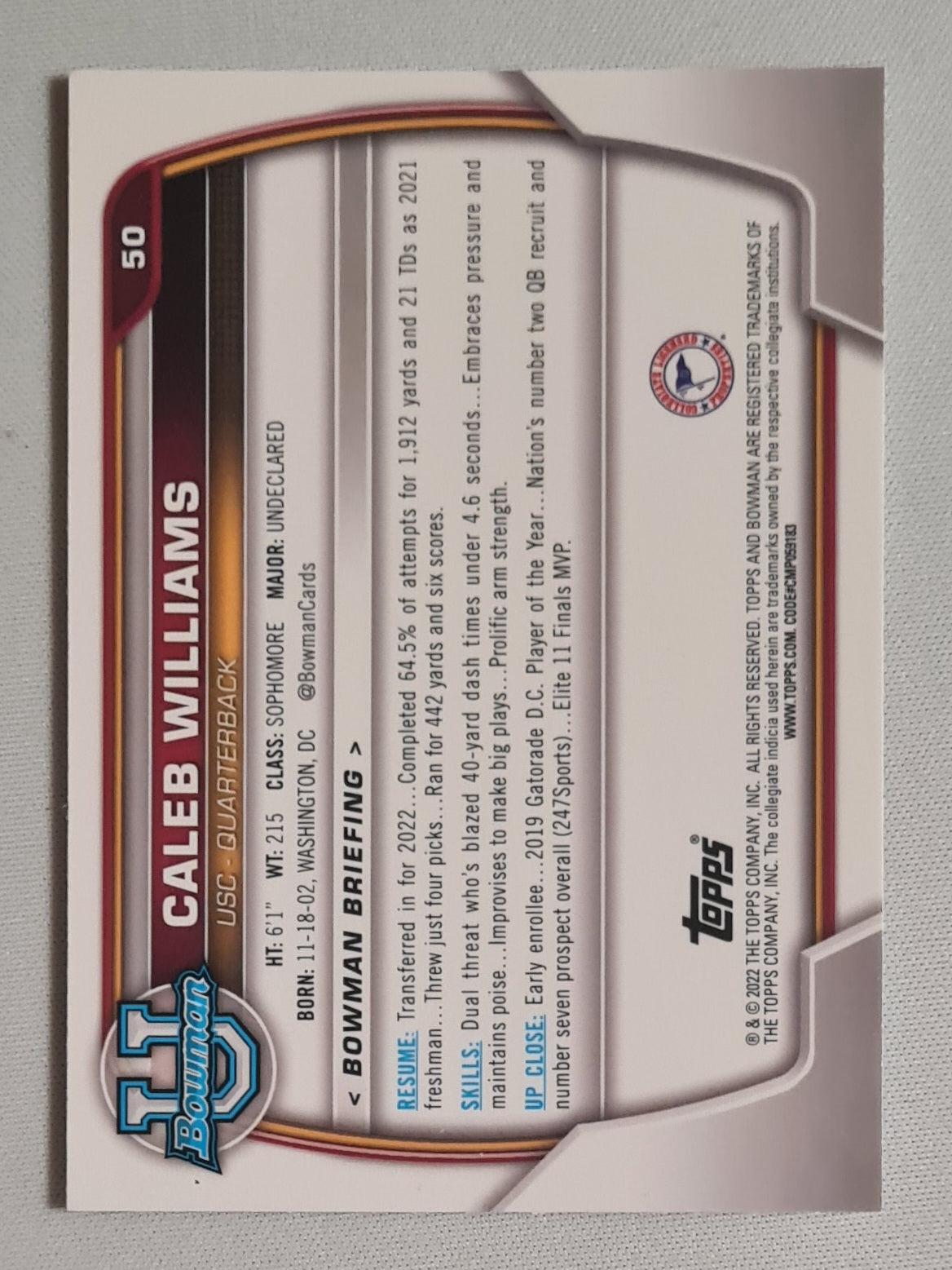 Caleb Williams - 2022 Topps U Bowman 1st University of South Carolina #50