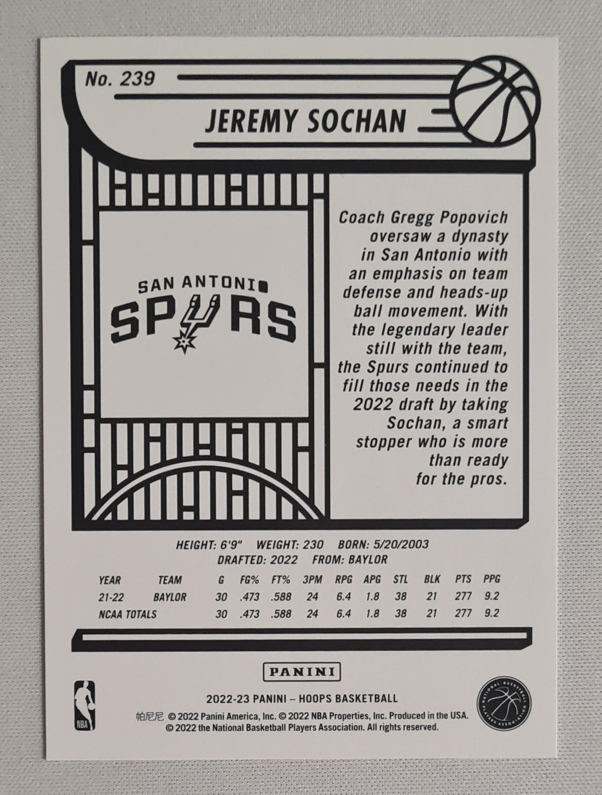 Jeremy Sochan - 2022/23 Panini Hoops Basketball NBA San Antonio Spurs (RC) #239