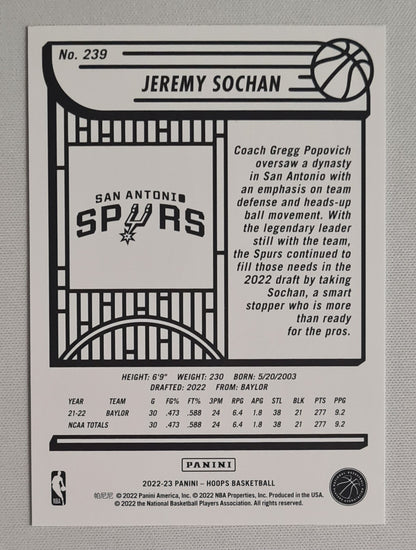 Jeremy Sochan - 2022/23 Panini Hoops Basketball NBA San Antonio Spurs (RC) #239