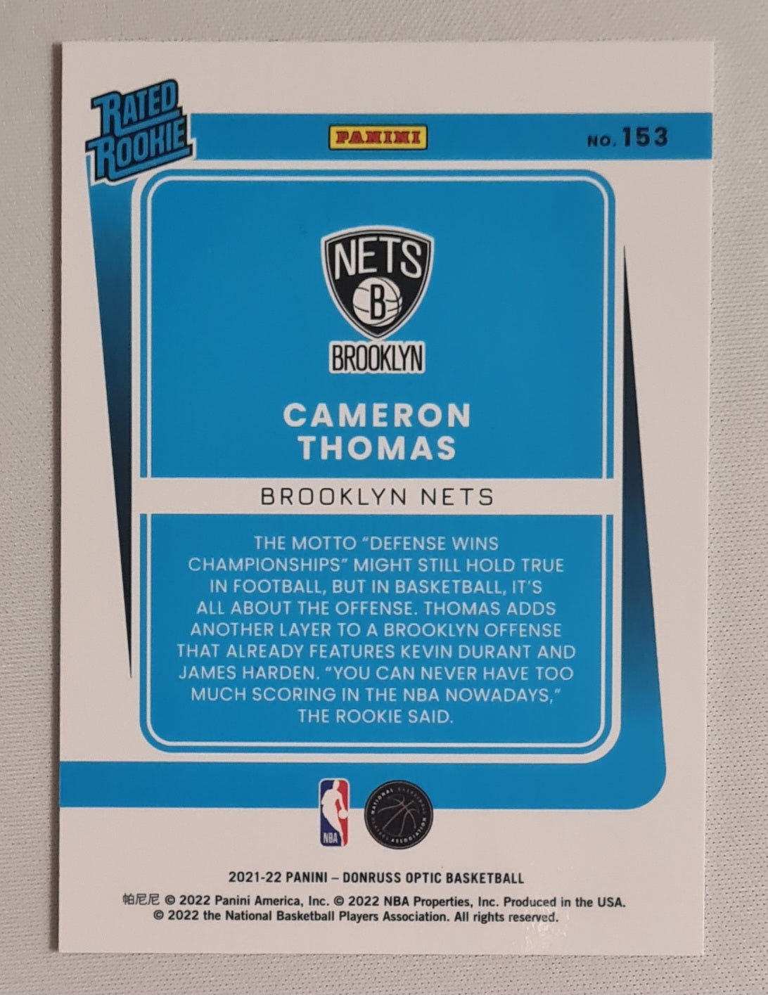 Cameron Thomas - 2021/22 Panini Donruss Optic Basketball NBA Brooklyn Nets - Rated Rookie - #153