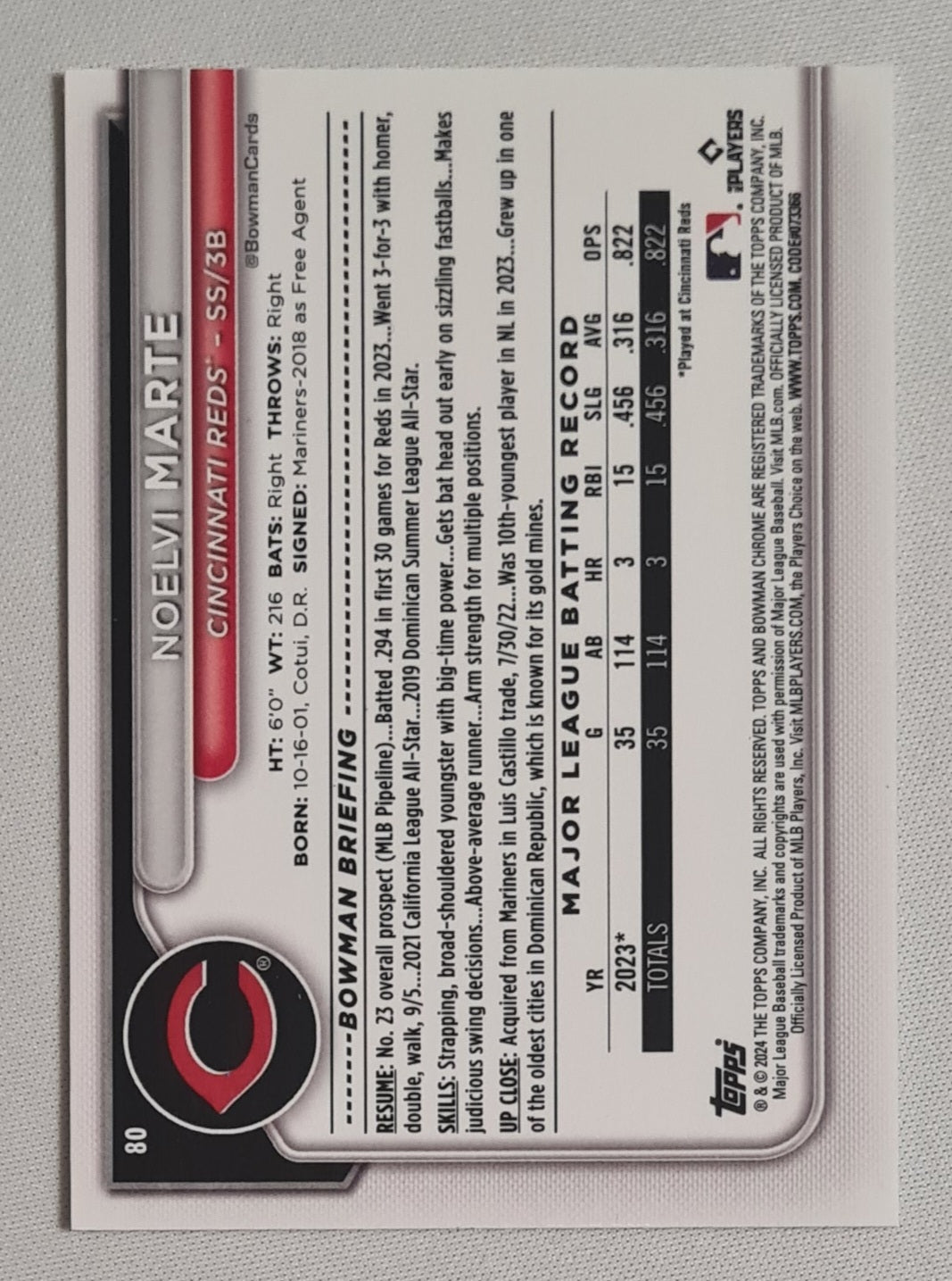 Noelvi Marte - 2024 Topps Baseball MLB Cincinnati Reds (RC) #80 Mojo Refractor