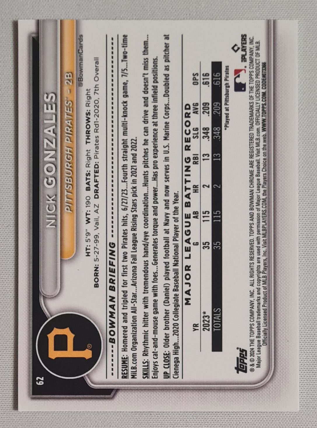 Nick Gonzales - 2024 Topps Baseball MLB Pittsburgh Pirates (RC) #62 Mojo Refractor