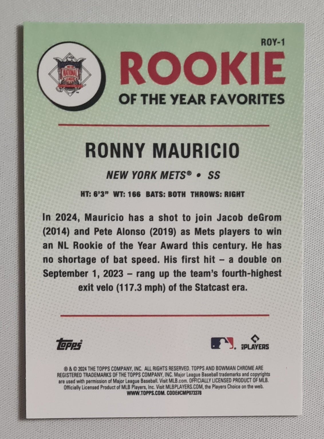 Ronny Mauricio - 2024 Topps Chrome Baseball MLB New York Mets (RC) #Roy-1 Green Mojo Refractor