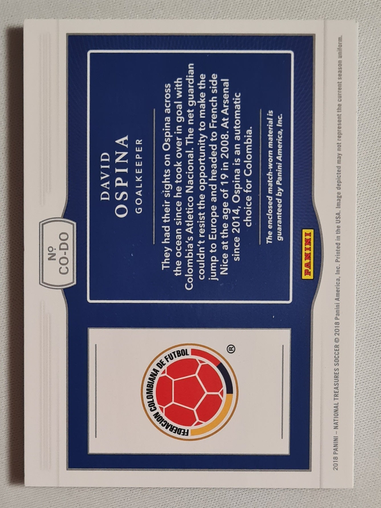 David Ospina - 2018 Panini National Treasures Soccer National Team Colombia Colossal ##CO-DO /Match-worn Material /10