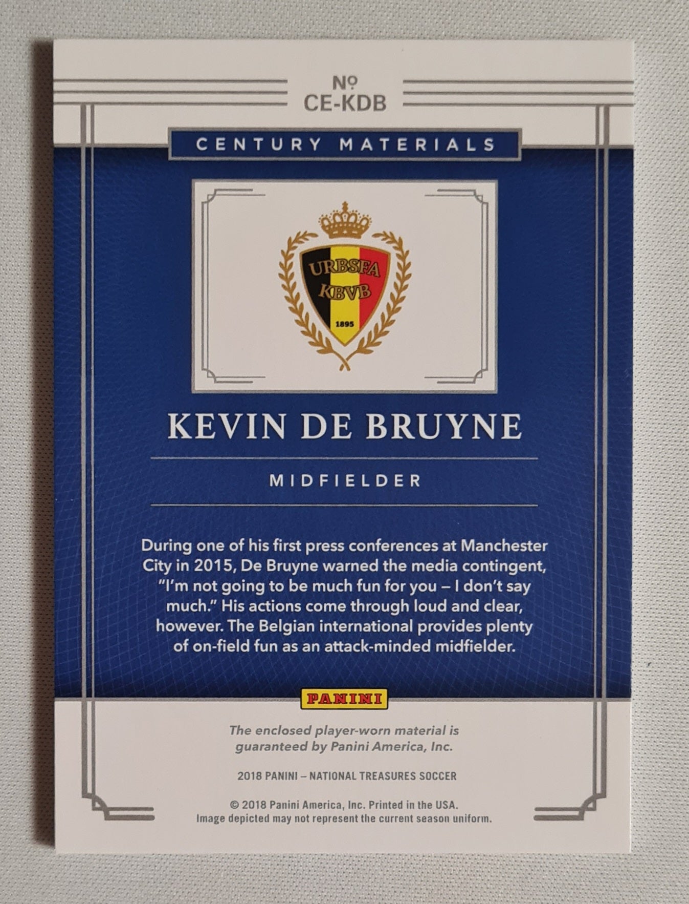 Kevin de Bruyne - 2018 Panini National Treasures Soccer Century Materials #CE-KDB / Patch Player Worn /99