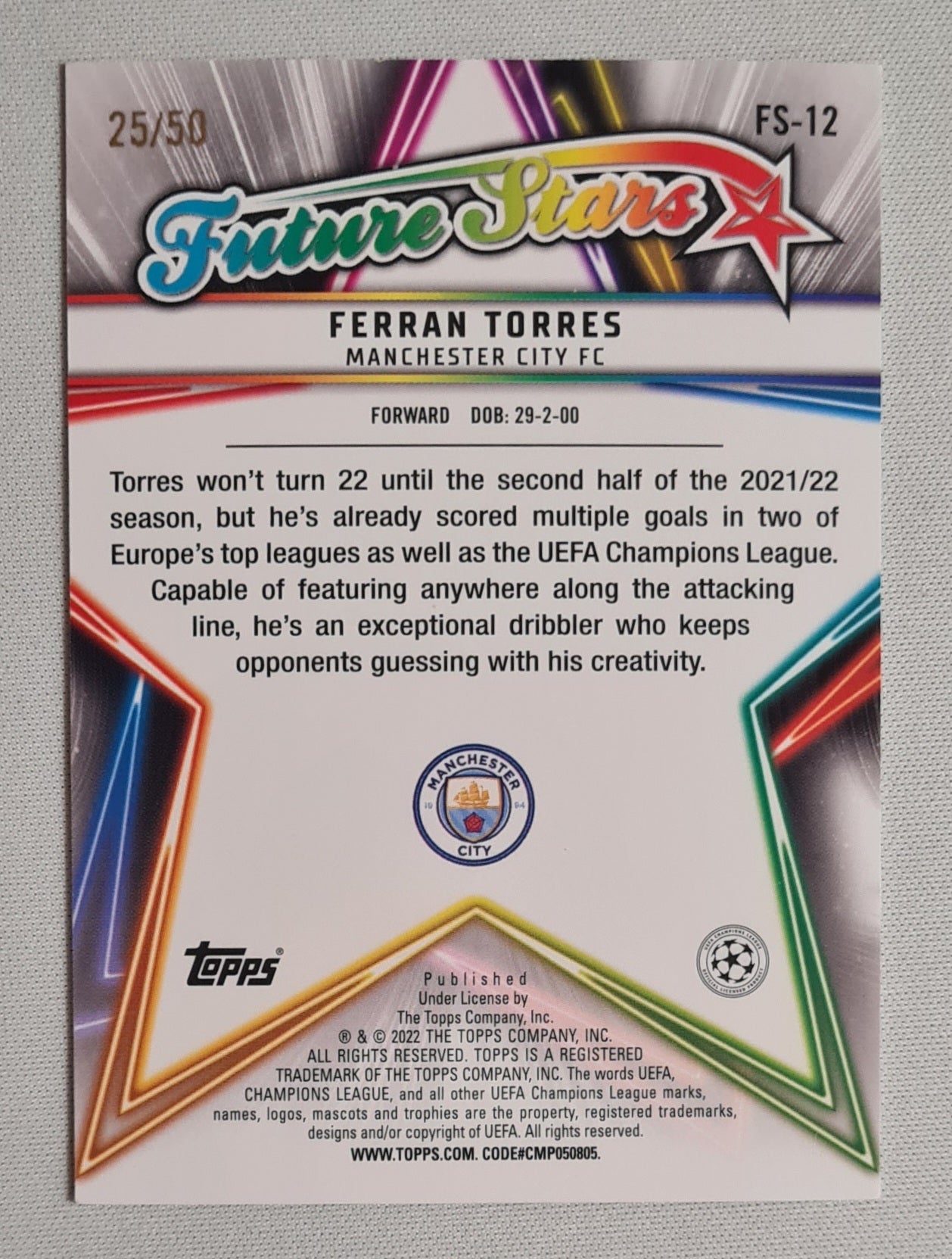 Ferran Torres - 2022 Topps Future Stars Manchester City FC (CL) #FS-12 Gold /50