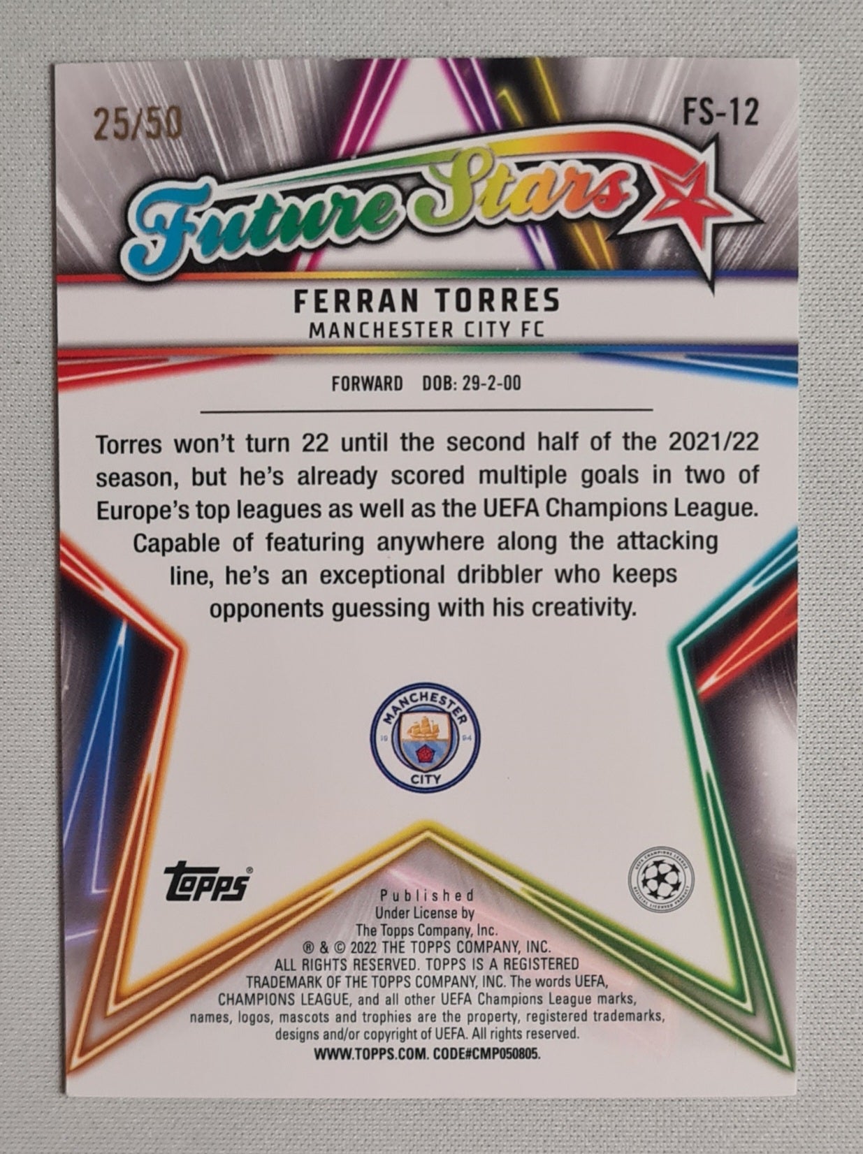 Ferran Torres - 2022 Topps Future Stars Manchester City FC (CL) #FS-12 Gold /50