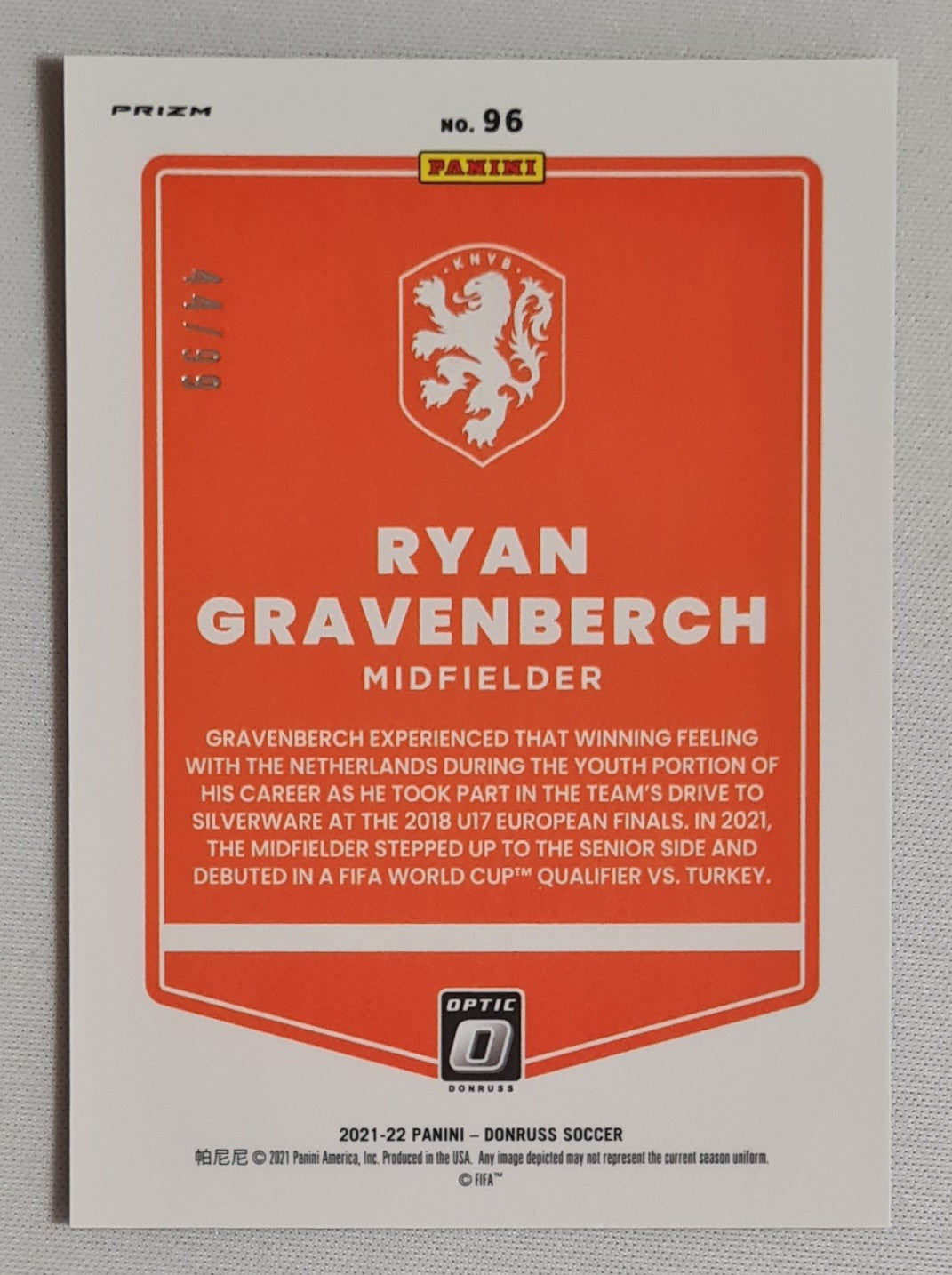 Ryan Gravenberch - 2021/22 Panini Donruss Soccer KNVB #96 Blue Refractor /99