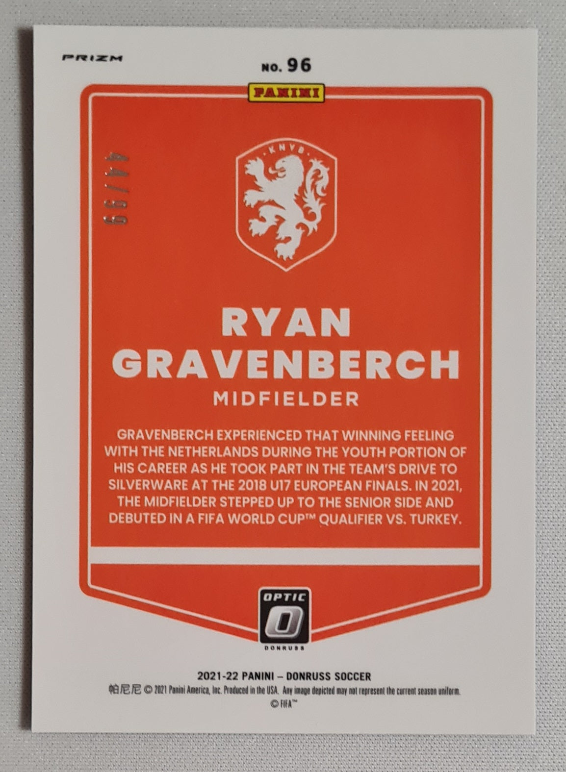 Ryan Gravenberch - 2021/22 Panini Donruss Soccer KNVB #96 Blue Refractor /99