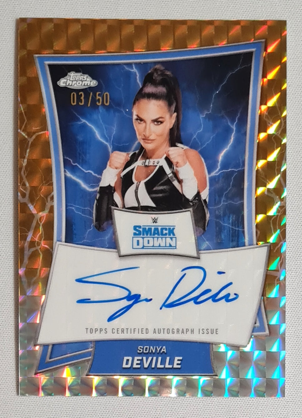 Sonya Deville - 2025 Topps Chrome WWE Blue Brand on card Auto - Orange Geometric /50