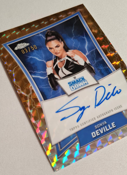 Sonya Deville - 2025 Topps Chrome WWE Blue Brand on card Auto - Orange Geometric /50