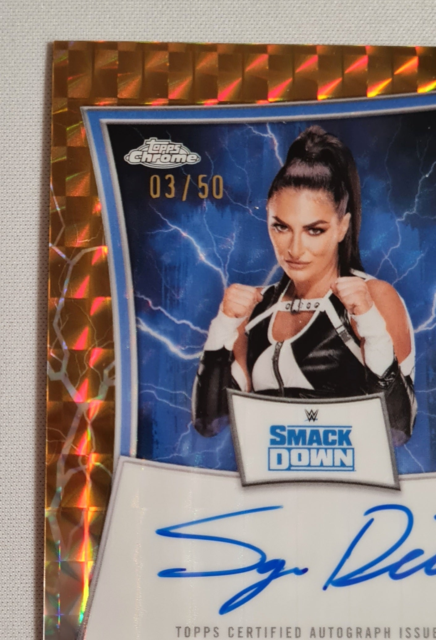 Sonya Deville - 2025 Topps Chrome WWE Blue Brand on card Auto - Orange Geometric /50