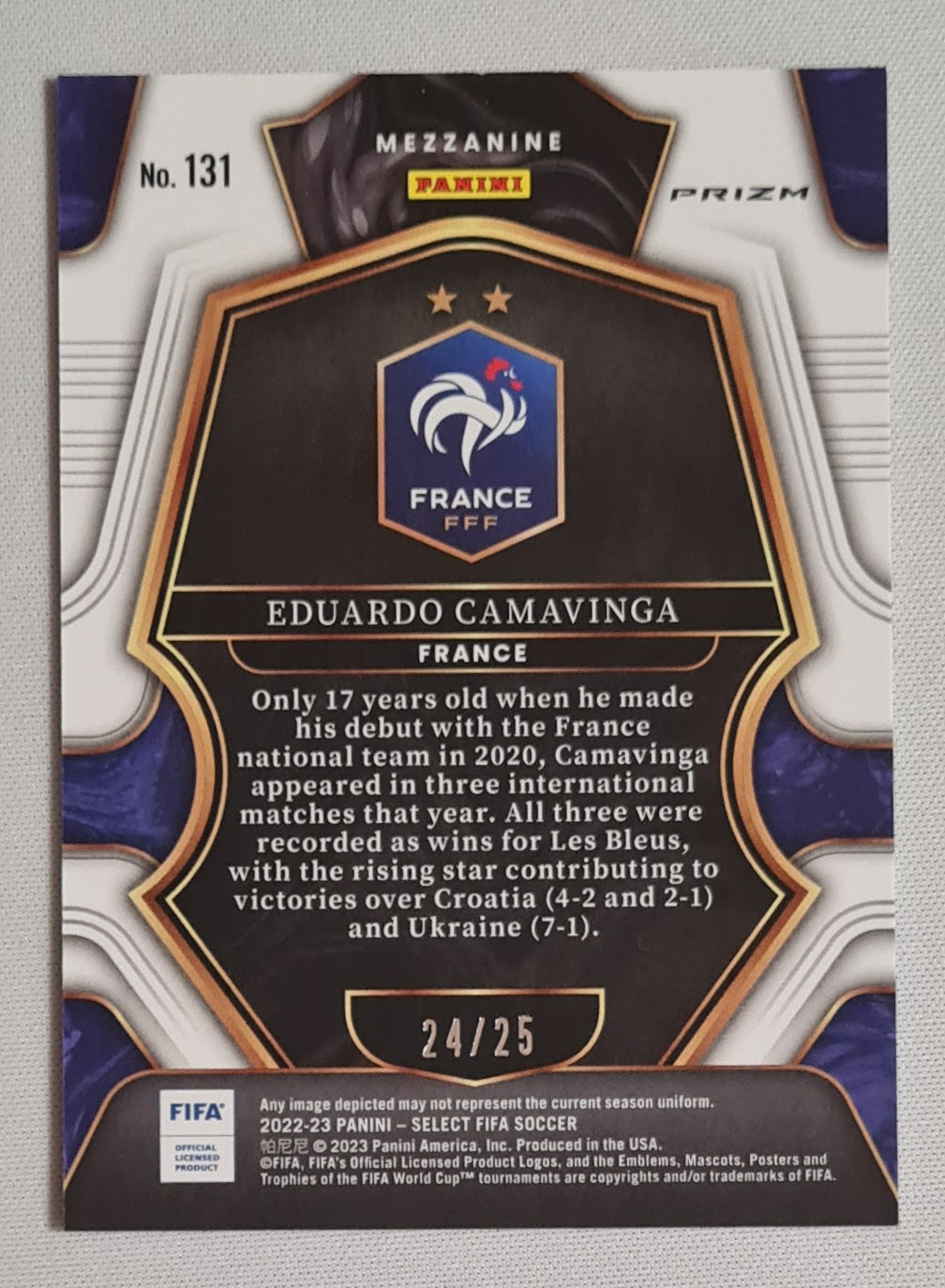 Eduardo Camavinga - 2022/23 Panini Select FIFA Soccer National Team France #131 Mezzanine Zebra Prizm /25 SSP
