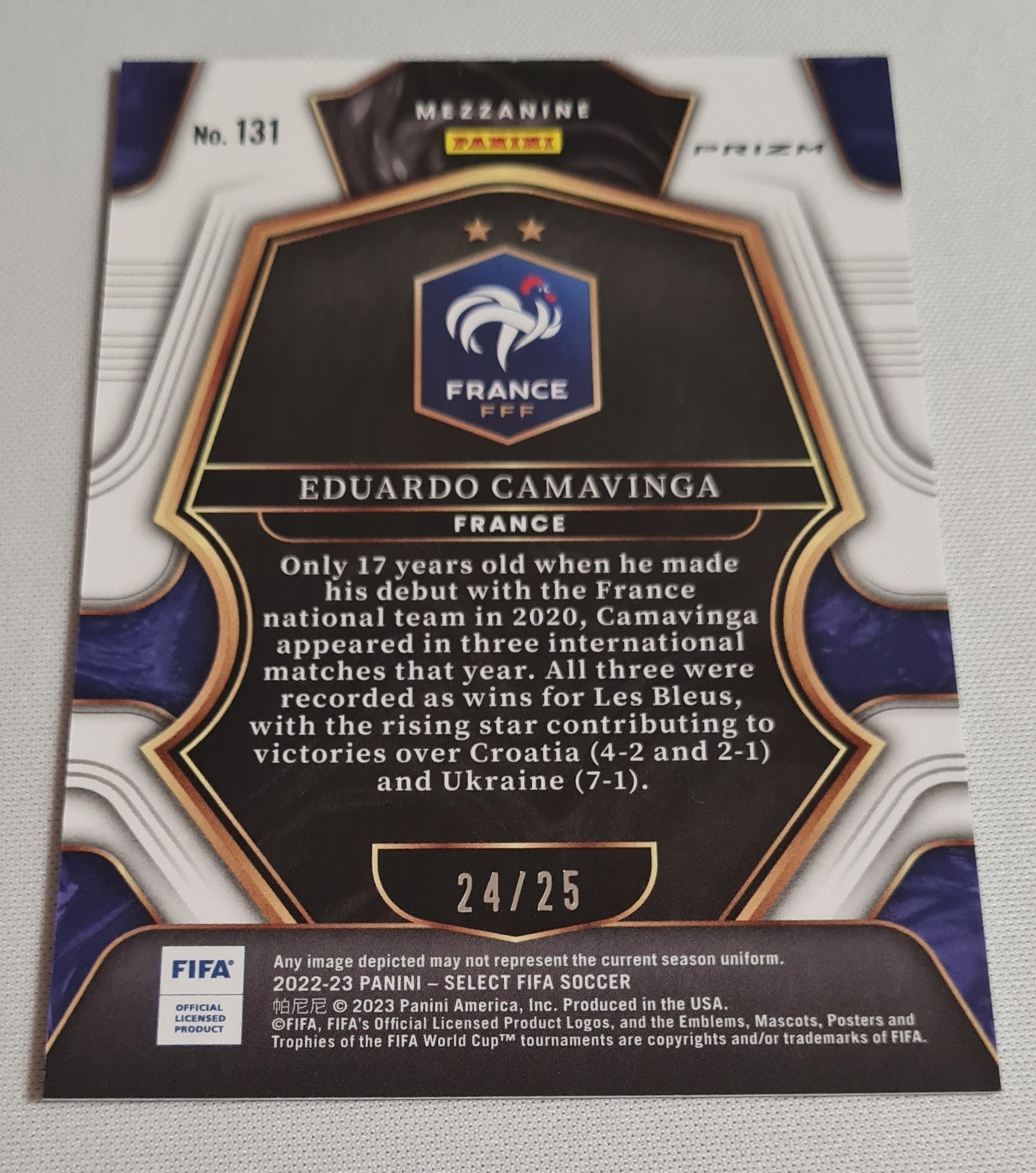 Eduardo Camavinga - 2022/23 Panini Select FIFA Soccer National Team France #131 Mezzanine Zebra Prizm /25 SSP