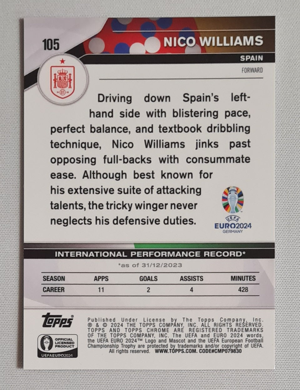 Nico Williams - 2024 Topps Chrome UEFA Euro 2024 National Team Spain #105 Hero Variation