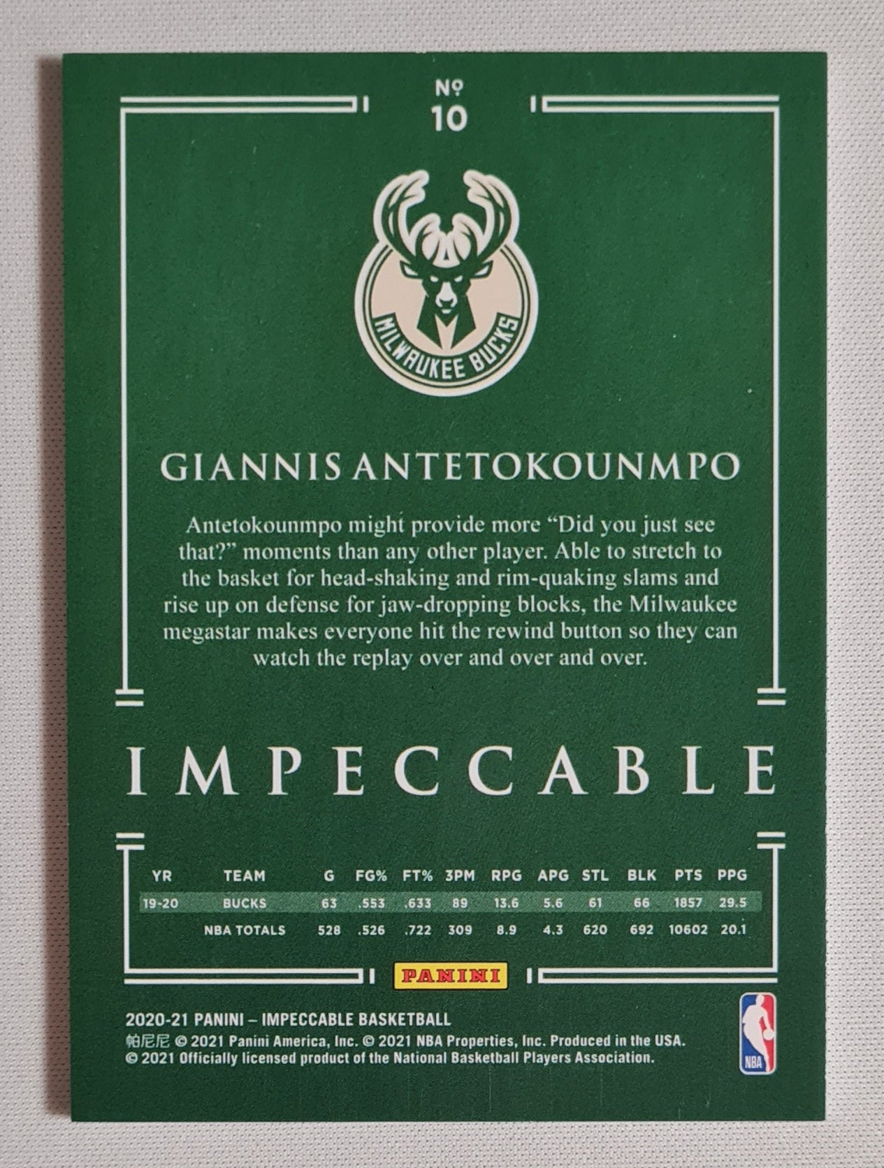 Giannis Antetokounmpo - 2020/21 Panini Impeccable Basketball NBA Milwaukee Bucks #10 Red base
