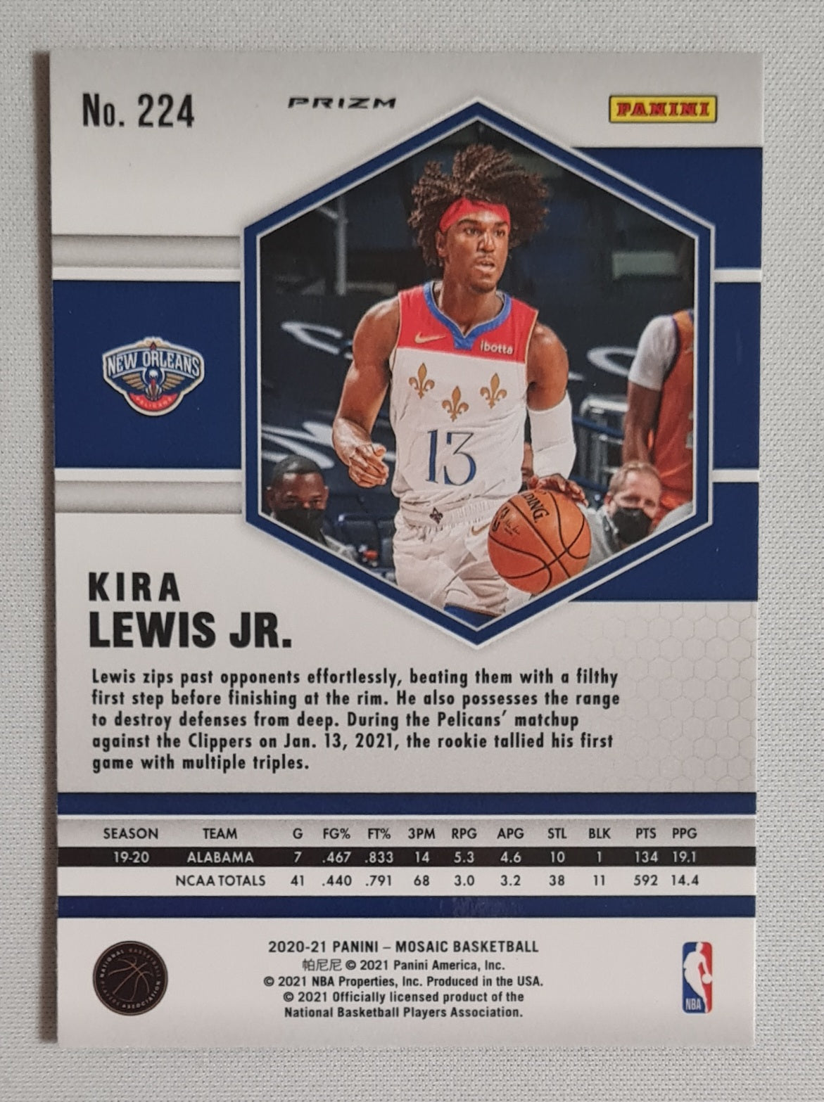Kira Lewis Jr. - 2020/21 Panini Mosaic Basketball NBA New Orleans Pelicans (RC) #224
