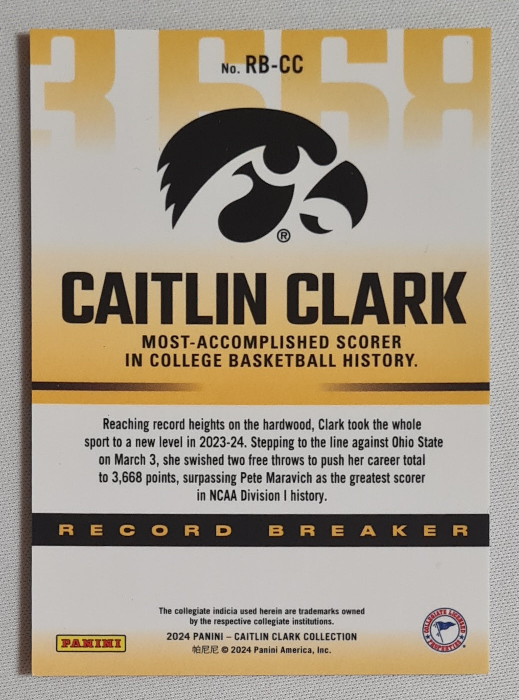 Caitlin Clark - 2024 Panini Caitlin Clark Collection Record Breaker Basketball Iowa Hawkeyes #RB-CC