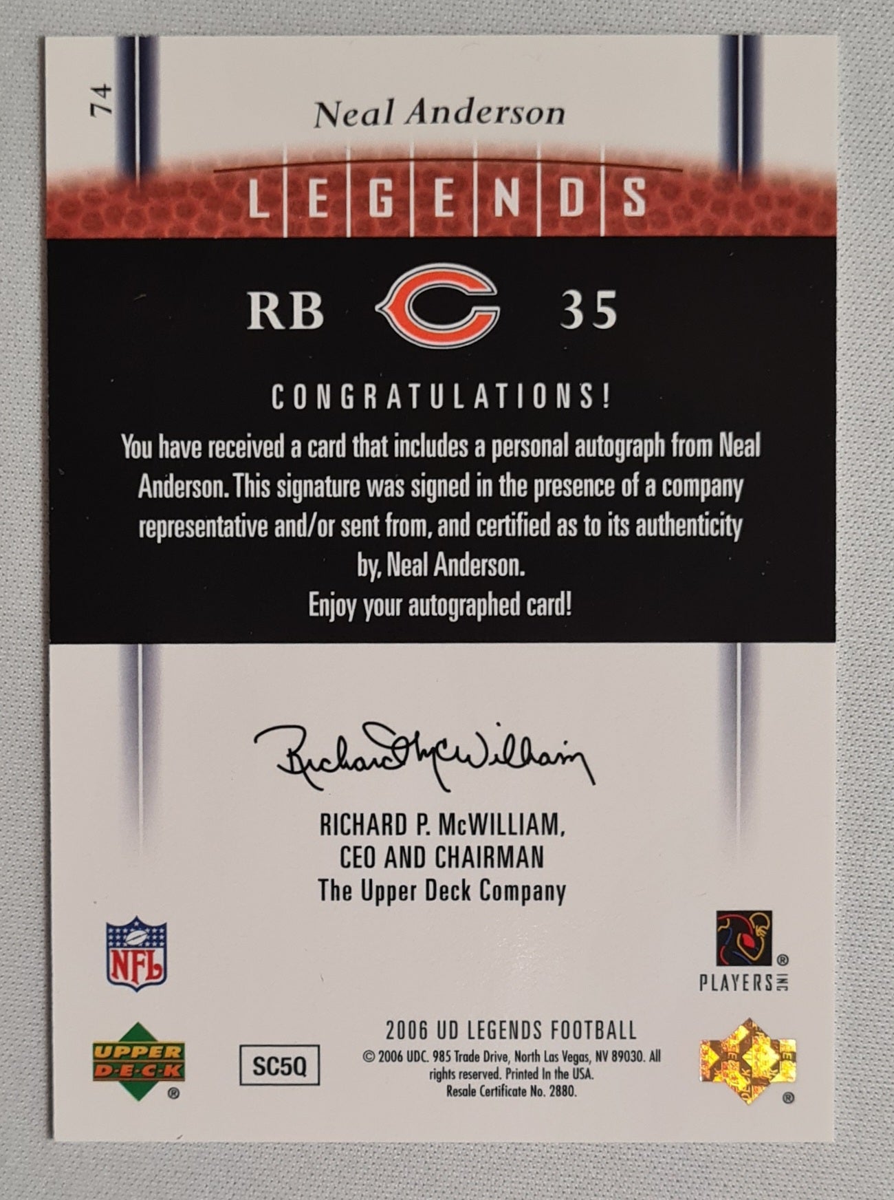 Neal Anderson - 2006 Upper Deck Legends NFL Football Chicago Bears #74 /Auto