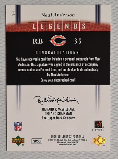 Neal Anderson - 2006 Upper Deck Legends NFL Football Chicago Bears #74 /Auto