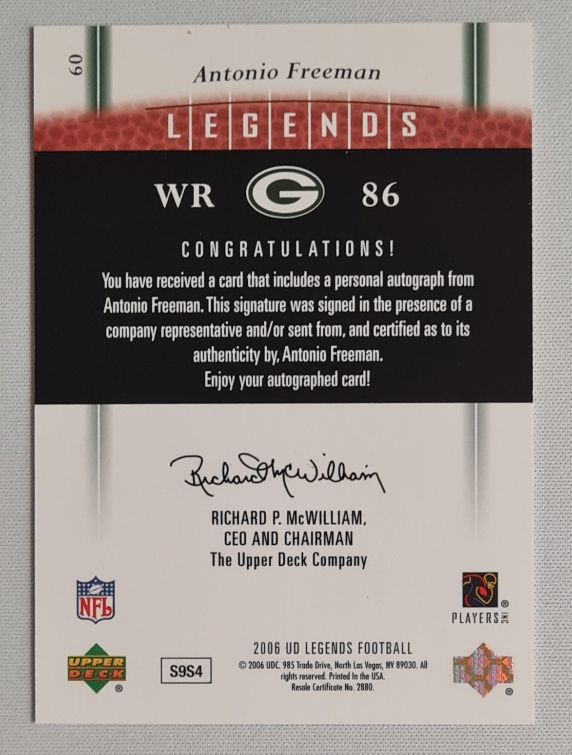 Antonio Freeman - 2006 Upper Deck Legends NFL Football Greenbay Packers #60 /Auto